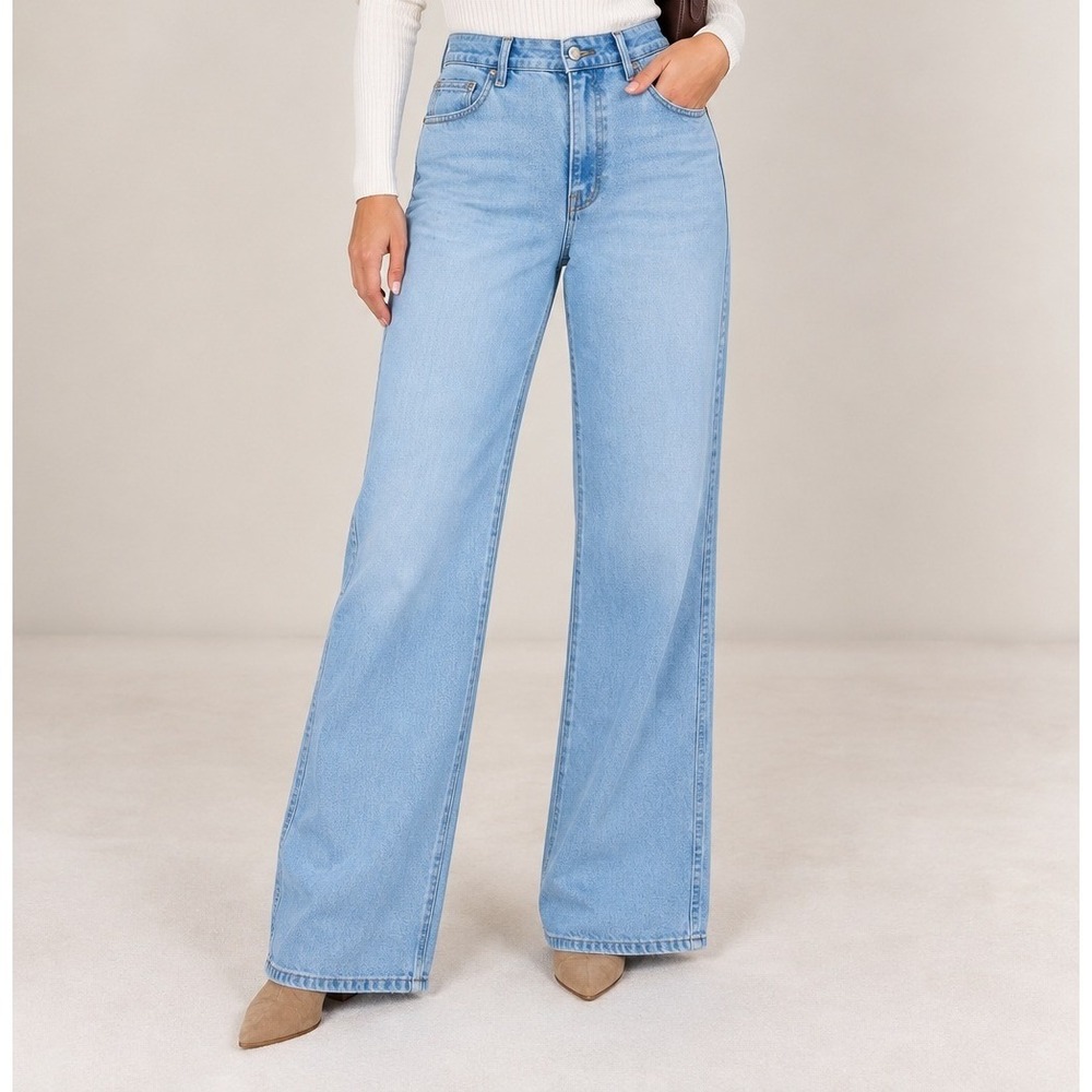Good American Wide Leg High Rise Jeans Light Blue Wash Size 14/32
